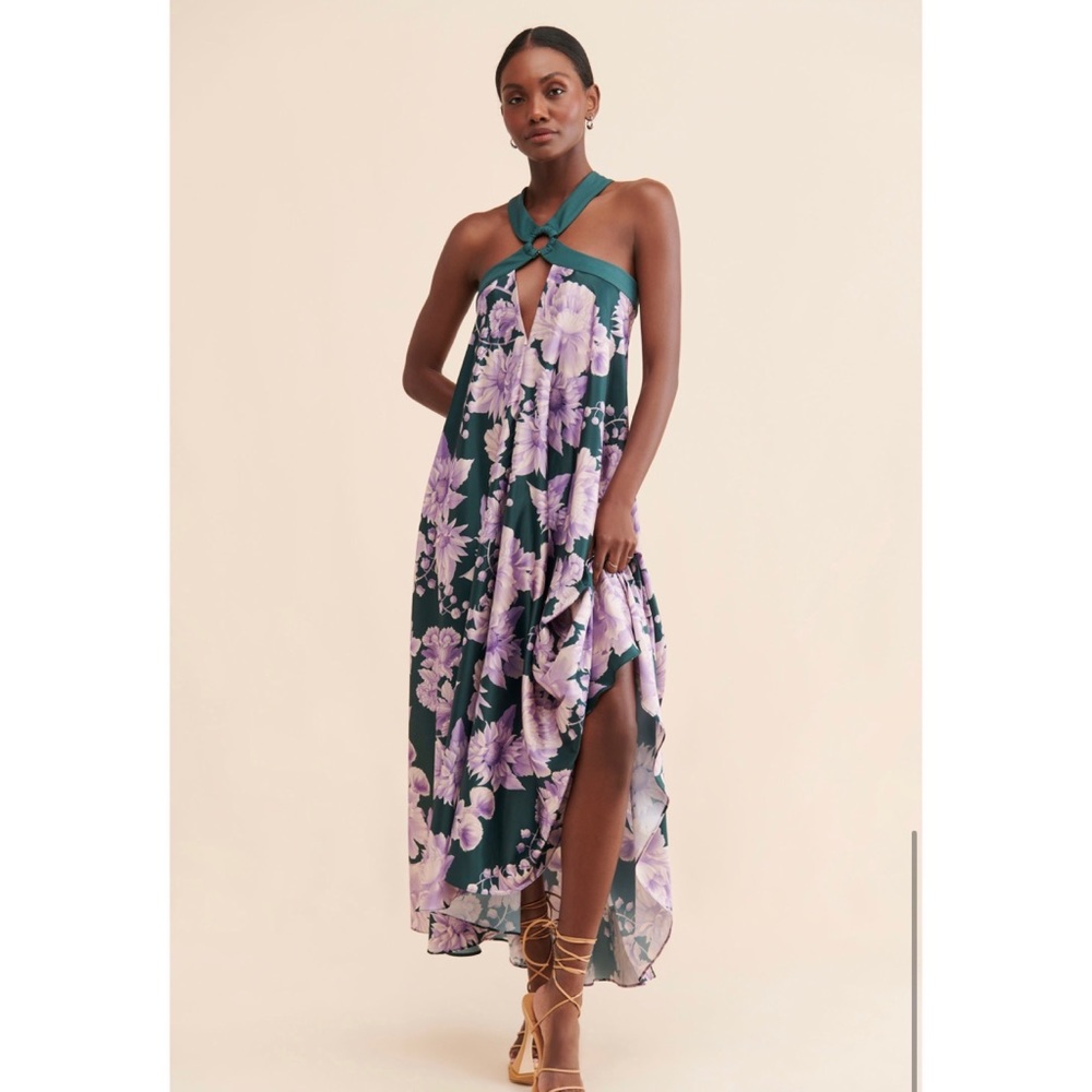 Anthropologie Green and Purple Floral Midi Dress - Picture 5 of 6